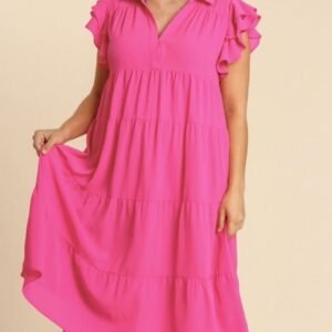 Umgee Tiered Midi Dress with Ruffled Sleeves in Hot Pink ON ORDER